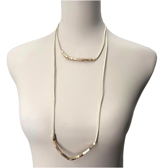 J Jill Layered Beaded Necklace Square Gold Tone Double Strand Cord Adjustable - Picture 2 of 11